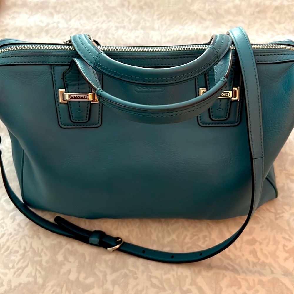 Coach Teal Leather Satchel with Silver Hardware and detachable Strap